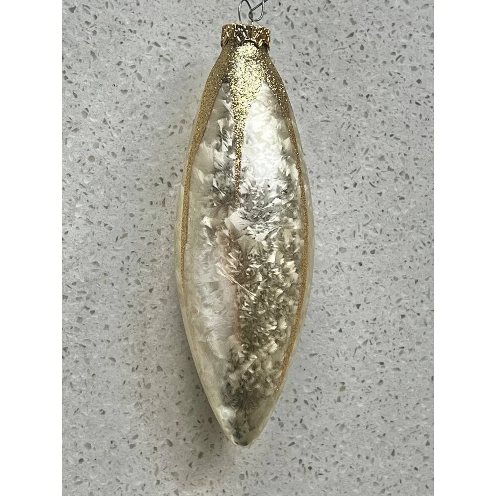 Vintage KC Glass Christmas Icicle Ornament w/  Glitter & Frosted Design 6”